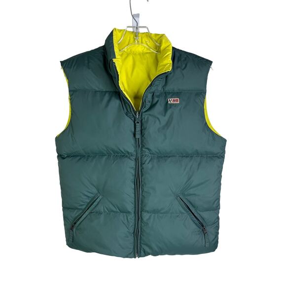 Napapijri Puffer Vest Womens 12 Green/Yellow Reversible Full Zip Pocket Front - Picture 1 of 10
